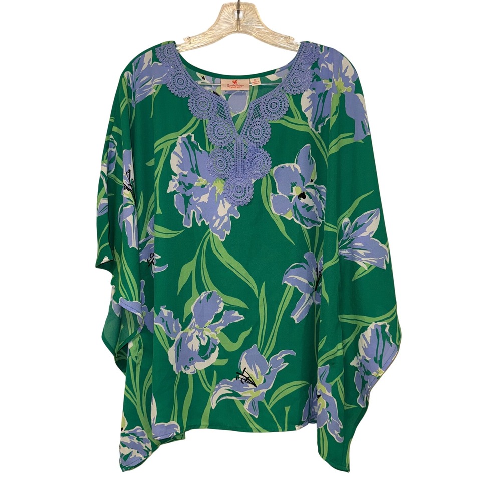 Quacker Factory Floral Kaftan Top Womens M Green Lavender Polyester